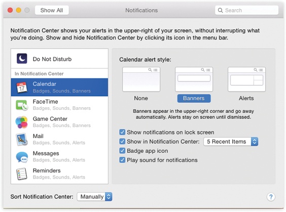 Here in System Preferences, you can specify which apps are permitted to intrude on the precious billboard that is your Notification Center—and how they’re permitted to intrude.Some individual apps, including Mail and Calendar, offer additional controls in their Preferences boxes. For example, in Calendar, you can turn off notifications from shared calendars and from meeting invitations.