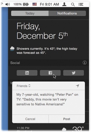 To send a tweet or a message (Facebook, LinkedIn, Messages), click the corresponding icon in the Today panel. Type your message; click Post or Send. (If you haven’t yet told OS X your name and password for that account, you have the chance to do that now.)If you’re sending a Facebook message, you can use the pop-up menus to specify which audience sees this note (friends, everyone, and so on), and whether or not you’d like your current geographical location to be included.