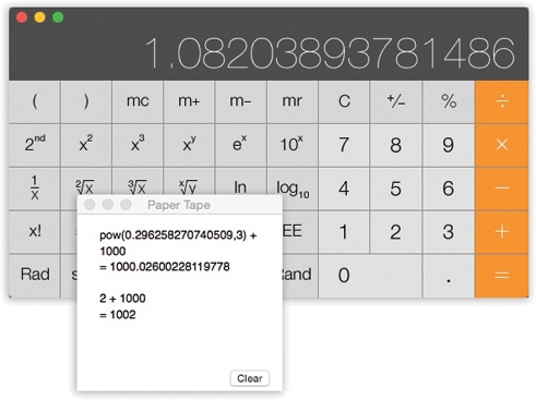 The Calculator program offers a four-function Basic mode, a full-blown scientific calculator mode, and a programmer’s calculator (shown here, and capable of hex, octal, decimal, and binary notation). The first two modes have a “paper tape” feature (Windows→Paper Tape) that lets you correct errors made way back in a calculation. To edit one of the numbers on the paper tape, drag through it, retype, and then click Recalculate Totals. You can also save the tape as a text file by choosing File→Save Tape As, or print it by selecting File→Print Tape.