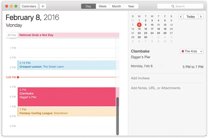 In Calendar, the and buttons at top right take you to the previous or next day, week, month, or year (depending on your current view). In the Day view, shown here, you can click the tiny numbers on the mini-calendar to change days.