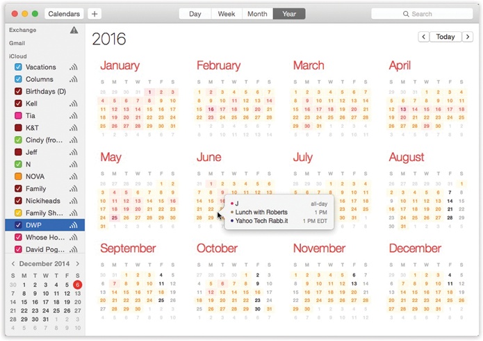 Year view shows the entire year. In Calendar→Preferences→Advanced, you can turn on “Show events in year view,” which actually means “Show me a ‘heat map‘ to indicate how hectic my schedule is.”You can single-click a date number to see a pop-out list of the appointments scheduled for that date.