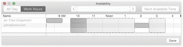 Drag the vertical block (your proposed meeting) to a different time slot, or click Next Available Time to find when everybody’s free. Good luck.