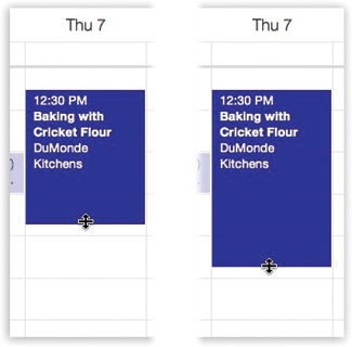 You can resize any Calendar event just by dragging its bottom border. As your cursor touches the bottom edge of an event, it turns into a double-headed arrow. You can now drag the event’s edge to make it take up more or less time on your calendar.
