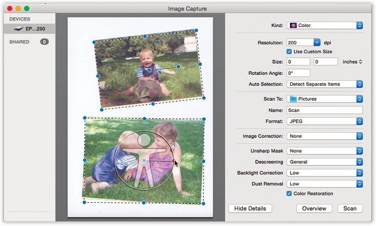 When you use the Show Details button, you get a new panel on the right, where you can specify all the tweaky details for the scan you’re about to make: resolution, size, and so on. See how the photos have dotted lines around them? That’s because Detect Separate Items is turned on. These will be scanned into two separate files.