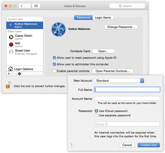 Top: The screen lists everyone who has an account. From here, you can create new accounts or change passwords. If you’re new at this, there’s probably just one account listed here: yours. This is the account OS X created when you first installed it. You, the all-wise administrator, have to click the to authenticate yourself before you can start making changes.Bottom: In the account-creation process, the first step is choosing which type of account you want to create.