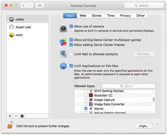 In the Parental Controls window, you can control the capabilities of any account holder on your Mac. If you turn on Limit Applications, then the lower half of the Apps tab window lets you choose applications (from the Mac App Store and others), and even Dashboard widgets, by turning on the boxes next to their names. (Expand the flippy triangles if necessary.) Those are the only programs the account holder will be allowed to use. The search box helps you find certain programs without knowing their categories.