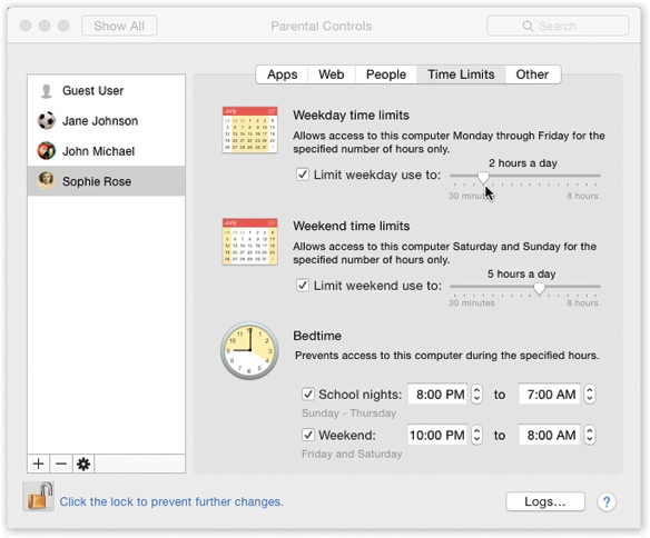 If this account holder tries to log in outside the time limits you specify here, she’ll encounter only a box that says “Computer time limits expired.” She’ll be offered a pop-up menu that grants her additional time, from 15 minutes to “Rest of the day”—but it requires your parental consent (actually, your parental password) to activate.Similarly, as her time on the Mac winds down, she’ll get a “Your computer time is almost up” message. Once again, you, the all-knowing administrator, can grant her more time.