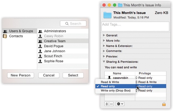 This list includes every account holder on your Mac, plus groups you’ve set up, plus the contents of your address book. One by one, you can add them to the list of lucky sharers of your files or folders—and then change the degree of access they have to the stuff you’re sharing.