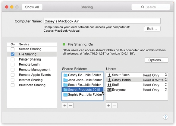 Hiding in System Preferences is a list of every disk and folder you’ve shared. To stop sharing something, click it and click the—button. To share a new disk or folder, drag its icon off the desktop, or out of its window, directly into the Shared Folders list.