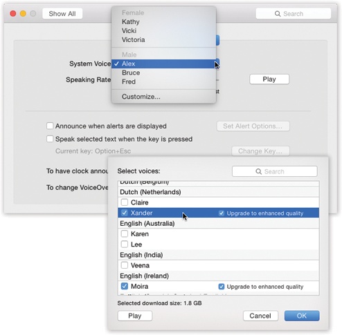 Top: At the outset, you see only six voices.Bottom: Choose Customize to see the complete list of 29 American English voices (plus 73 international voices); turn on the checkboxes of the ones you want to have available. The Mac automatically downloads any international voices you select. Then, for 15 minutes of hilarity, try clicking the voices in turn to hear sample sentences. Drag the slider to affect how fast each one speaks. (Clearly, Apple’s programmers had some fun with this assignment.)