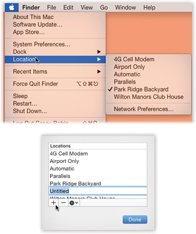 Top: The Location feature lets you switch from one “location” to another by choosing its name—either from the menu or from an identical pop-up menu that appears in the Network pane of System Preferences.Automatic means “the standard, default one you originally set up.” (Don’t be fooled: Despite its name, Automatic isn’t the only location that offers multihoming, described earlier in this chapter.)Bottom: When you choose Edit Locations, your locations appear; click the button. A new entry appears at the bottom of the list. Type a name for your new location, such as Chicago Office or Dining Room Floor.