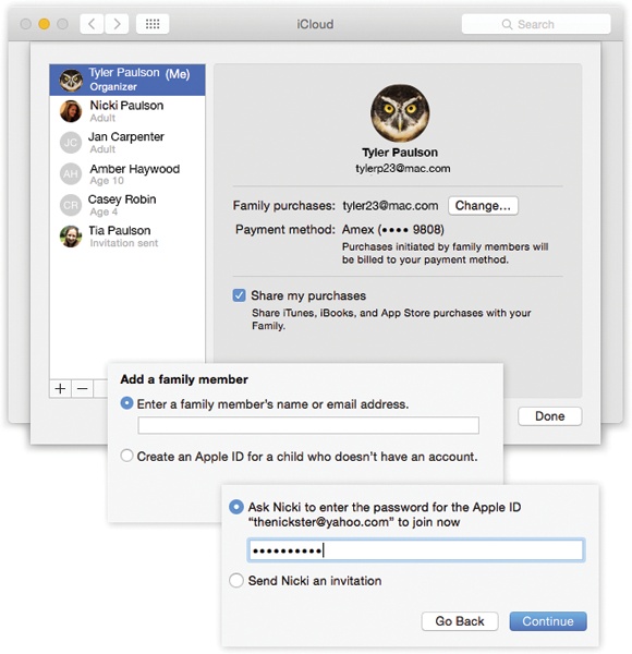 Top: The iCloud pane of System Preferences is the central hub of Family Sharing planning. The setup process involves a bunch of dialog boxes, but at least you have to walk through them only once.Middle: Adding a new member to your circle starts with an email address.Bottom: If the prospective family member is standing with you, she can enter her password on the spot.(That doesn’t mean you’ll learn what her password is; your Mac stores it but hides it.)