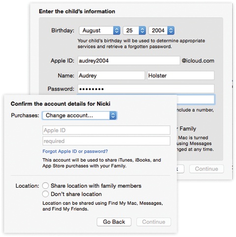 Top: You’ll notice that the dialog box requires a birth year that confirms your kids’ age under 13. If your kid is over 13, you should set up an iCloud account in the usual way—at iCloud.com, for example, or in System Preferences→iCloud.Bottom: A newly added family member has some decisions to make. First, the Purchases pop-up menu lets her specify her iCloud address—the one whose purchases she’ll be pooling with the family. (It’s usually the same address you just specified, but not always.)Second, here she can turn on location sharing. In other words: The rest of the family will be able to see where she is, using Messages, Find My Mac, and the Find My Friends app on the iPhone or iPad.