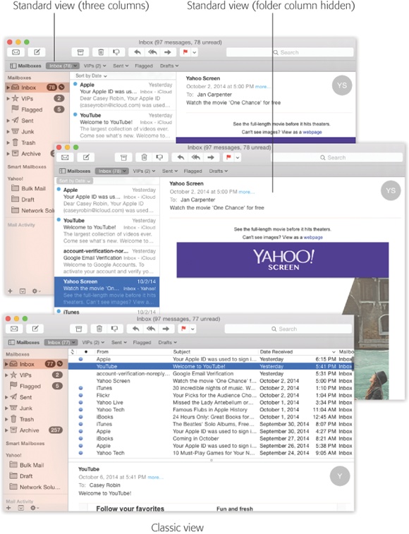 Mail can have several different layouts. In the standard three-column view (top), all your mailboxes are grouped tidily in the far-left column. You can hide that column, though, so that you have more space for reading (middle). You can also return to the pre-Lion layout (bottom), in which the messages list is above the message body.