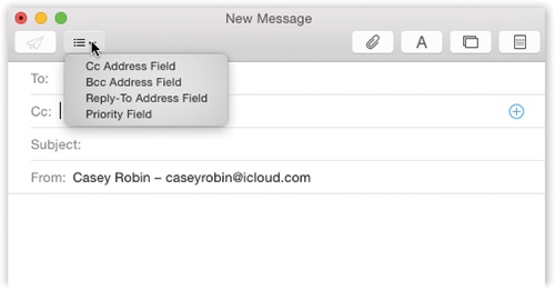 To redesign the New Message window, use the little pop-up menu shown here. Turn on the pieces you want in your everyday email composing.