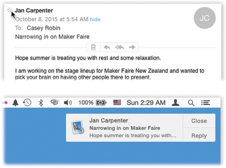 Top: To designate a VIP, open a message she’s sent you. Point to her name. A hollow star appears; click there. The star darkens. (Or choose Add to VIPs from the pop-up menu that appears when you point to her name.) Note: If that person one day insults you, fires you, or dumps you, then you can remove her VIP status by clicking that same star again.Bottom: OS X can alert you when VIP messages arrive—and you can reply right on the spot.