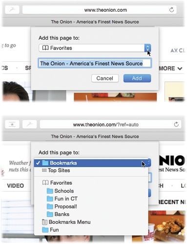 When you add a bookmark, Safari offers to memorize this web page’s name, or a shorter name that you specify for it.You also have to specify where you want to save your new bookmark; as you can see, Safari offers several options.There’s the Bookmarks menu, or any folders you’ve set up inside it.There are the Favorites, a special set of bookmarks that you think you’ll use a lot. They get their own special screen and their own special bar, as you’ll read in a moment.There are the Top Sites (page 690).Finally, there’s the master list, the Bookmarks list in the Sidebar; as you can see by (a) in Figure 17-4, this list lets you further categorize your bookmarks by putting them into folders.