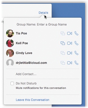 If you click where it says Group Name, you can type a new name. That should make it easier to identify this conversation later in the list of chats at the left side of the window. (The Details button doesn’t appear until somebody has actually said something in this chat.)You can also add or remove participants, even after the group chat is under way. To remove someone, ⌘-click his name in the Details panel; choose Remove from Conversation. To add a new member, click Add Contact.Do Not Disturb means that new texts from this group won’t trigger notifications on your Mac. And if the bickering becomes more than you can stand, you can excuse yourself and leave the chat by clicking “Leave this Conversation.”