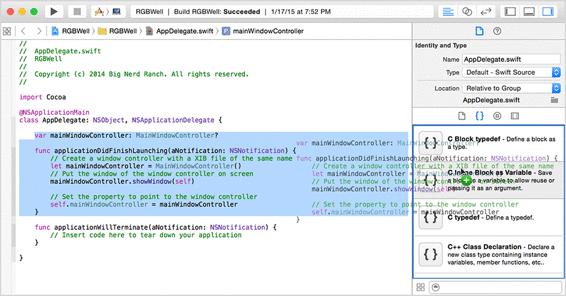 Dragging selected code onto the snippet library