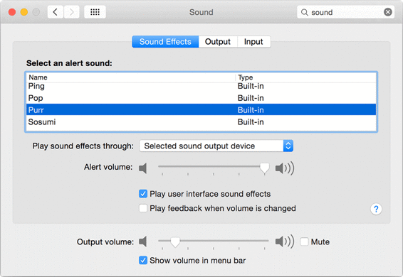 Alert sounds are presented in a table view with two columns