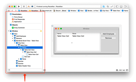 The Name table column selected in the document outline