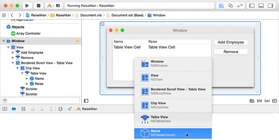 Selecting the Name table column from the view hierarchy popover