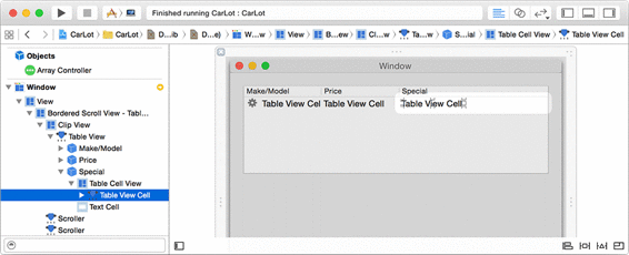 Selecting the text field within the Special column’s table cell view