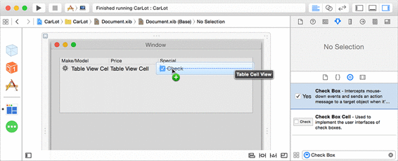 Dropping a Check Box into the table cell view