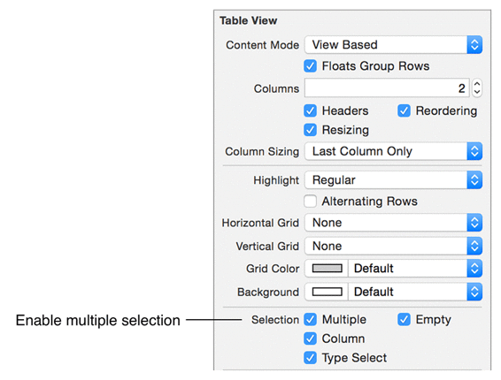 Enabling multiple selection in the table view’s attributes inspector