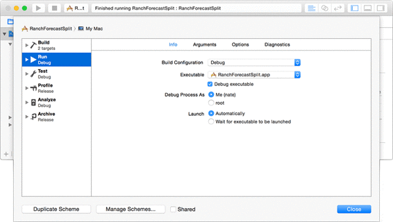 The scheme editor with the Debug build configuration selected for Run