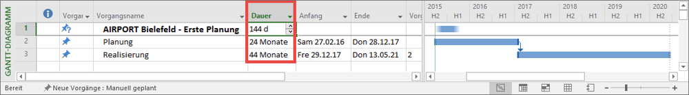 Erfassen von Werten direkt auf Sammelvorgangsebene (hier Dauer)