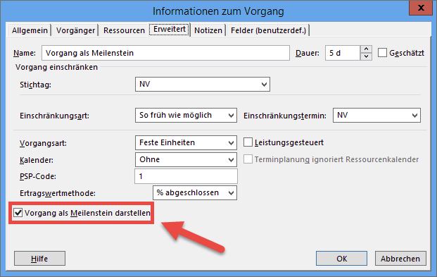 Meilenstein mit einer Dauer von 5 Tagen und dem Dialog »Informationen zum Vorgang« für die Definition des Meilensteins