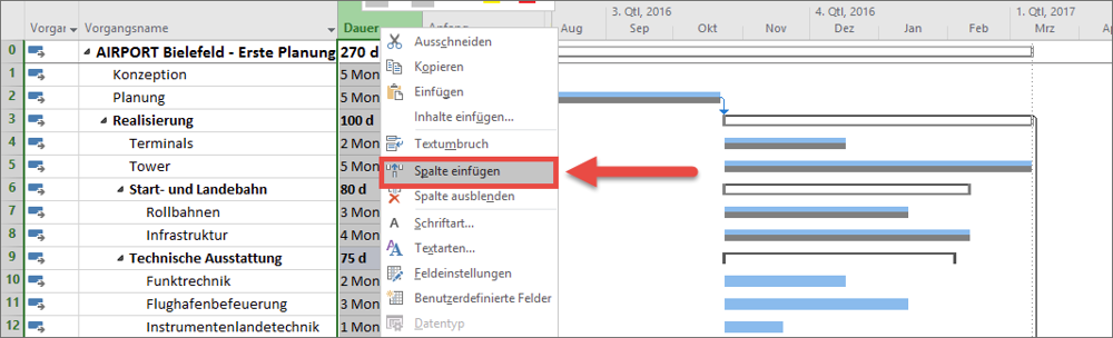 Kontextmenü für das Einfügen von Spalten