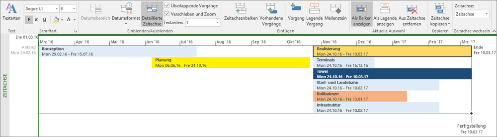 Darstellung der Zeitachse und der Einstellungsoptionen