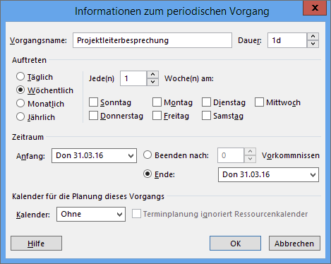 Einstellungen für den zu erstellenden periodischen Vorgang