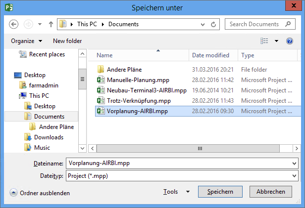 Dialog »Speichern unter« in Microsoft Project