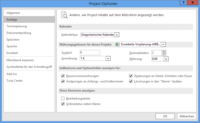 Dialog »Project-Optionen • Anzeige«