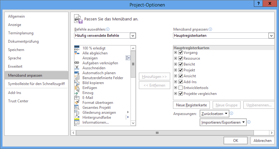 Dialog »Project-Optionen • Menüband anpassen«