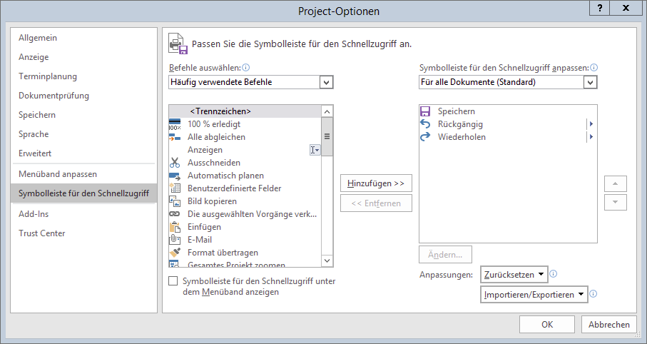 Dialog »Project-Optionen • Symbolleiste für den Schnellzugriff«