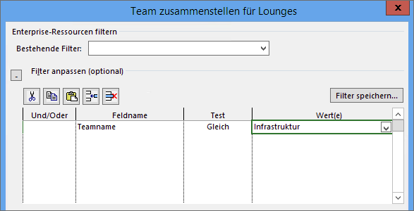 Optionale Filter im Dialog »Team zusammenstellen für …«