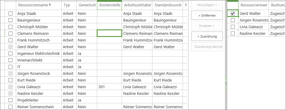 Die Seite »Team zusammenstellen für …«, links der Ressourcenpool und rechts das Projektteam