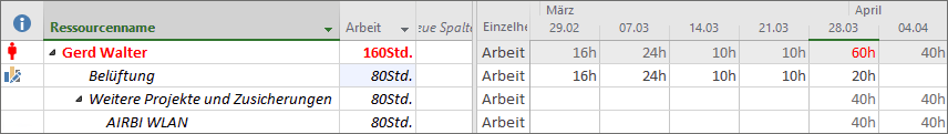 Auslastung aus anderen Projekten in der Ansicht »Ressource: Einsatz«