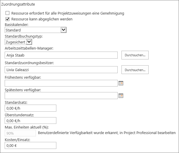 Standardzuordnungsbesitzer in den Ressourceneigenschaften