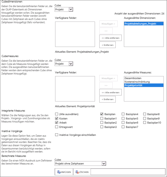 Kontrolle der Datenelemente einer OLAP-Datenbank über Konfiguration der Cubes