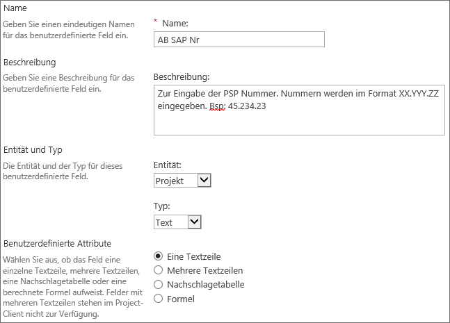 Formular zur Erstellung eines Enterprise-Feldes, hier am konkreten Beispiel eines Enterprise-Feldes zur Erfassung einer SAP-Nummer auf Vorgangsebene