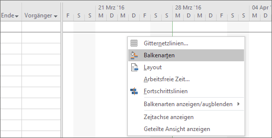 Kontextmenü der rechten Maustaste, Auswahl »Balkenarten«