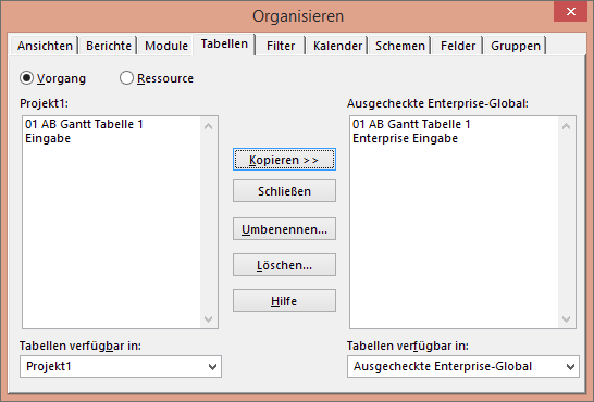 Kopieren der Tabelle im Organisator