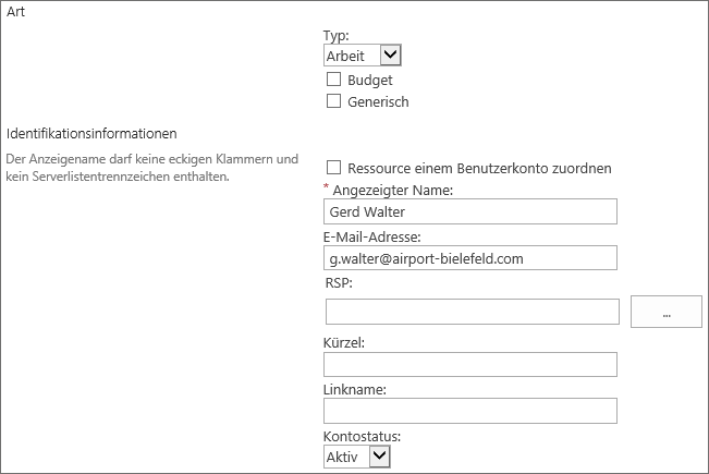 Eingabe der Ressourcenstammdaten bei Erstellung einer neuen Ressource