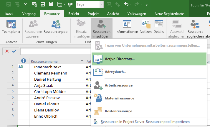 Ressourcen aus dem Active Directory hinzufügen