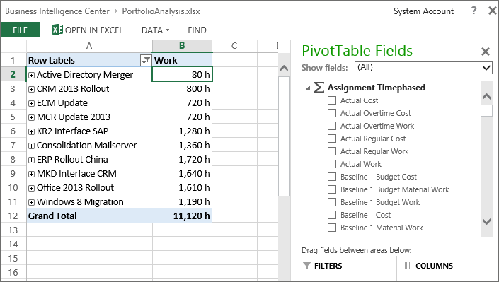 Pivot-Auswertung mit Excel Online auf Basis des OLAP-Cubes-Portfolioanalysers